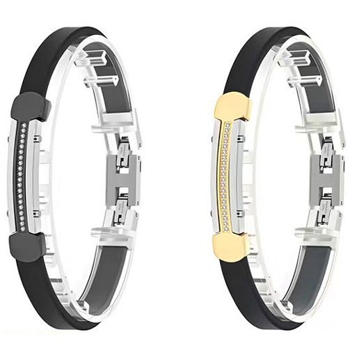 ***COI Titanium Silver Black/Gold Tone Cubic Zirconia Rubber Bracelet With Steel Clasp(Length: 9.25 inches)-01880A