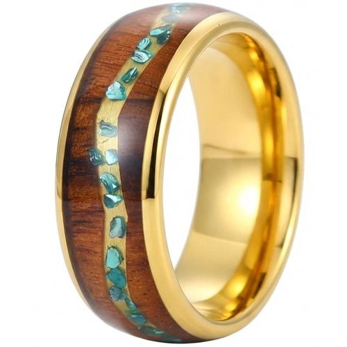 ***COI Gold Tone Titanium Koa Wood & Abalone Shell Dome Court Ring-01885A