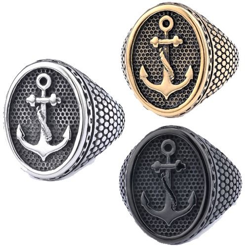 ***COI Titanium Black/Gold Tone/Silver Anchor Ring-01891A