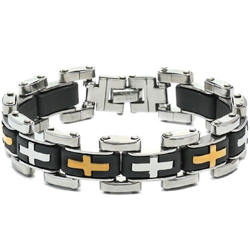 ***COI Titanium Black Gold Tone Silver Cross Bracelet With Steel Clasp(Length: 8.27 inches)-01894A