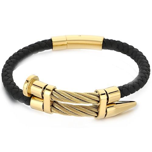 ***COI Titanium Black/Gold Tone/Silver Genuine Leather Bracelet With Steel Clasp(Length: 8.46 inches)-01897A
