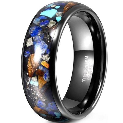 ***COI Black Tungsten Carbide Turquoise Koa Wood Crushed Opal Meteorite Dome Court Ring-01902A