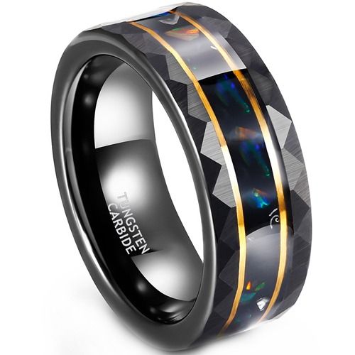 ***COI Tungsten Carbide Black Gold Tone Double Grooves Ring With Abalone Shell-01903A