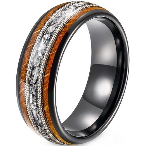 ***COI Tungsten Carbide Black Silver Wire Ring With Meteorite & Koa Wood-01906A