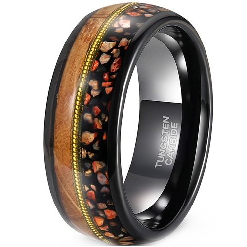 ***COI Tungsten Carbide Black Gold Tone Wire Ring With Koa Wood & Dinosaur Bone-01910A