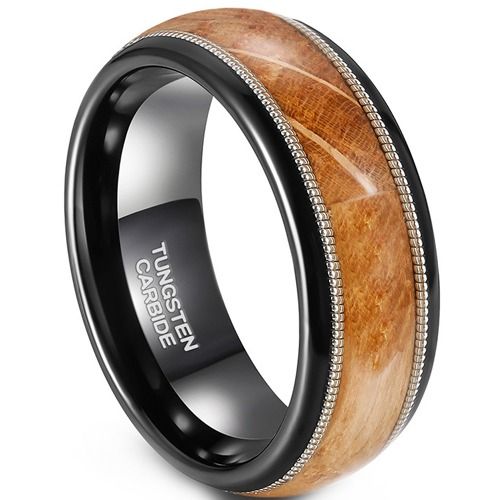 ***COI Tungsten Carbide Black Silver Wire Ring With Koa Wood-01914A