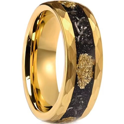 ***COI Gold Tone Tungsten Carbide Faceted Ring With Meteorite & Gold Foil-01916A