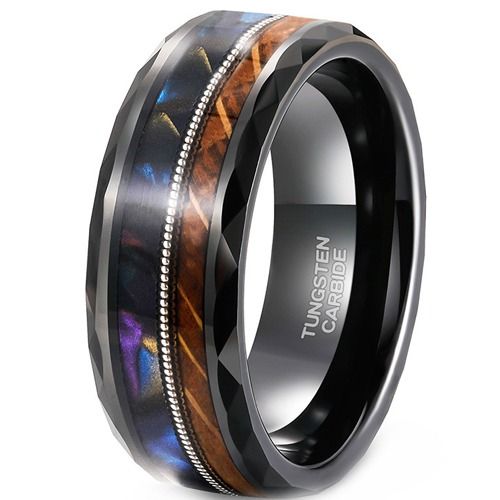 ***COI Tungsten Carbide Black Silver Wire Ring With Koa Wood & Abalone Shell-01917A