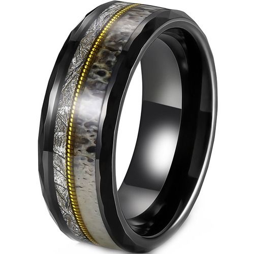 ***COI Tungsten Carbide Black Gold Tone Wire Ring With Deer Antler & Meteorite-01922A