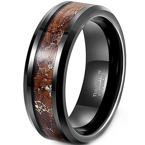 ***COI Black Tungsten Carbide Beveled Edges Ring With Koa Wood & Gold Foil-01924A