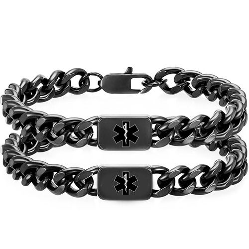 ***COI Black Titanium Medical Alert Bracelet With Steel Clasp(Length: 7.48 inches)-01935A