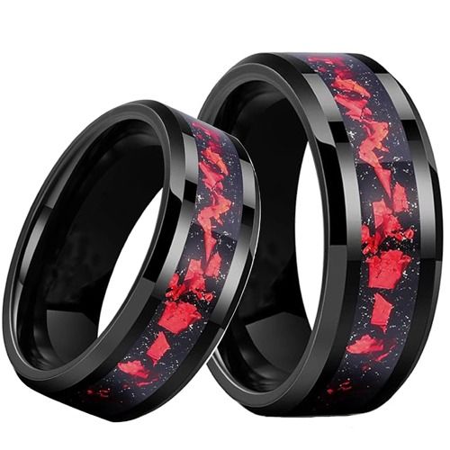 ***COI Black Tungsten Carbide Beveled Edges Ring With Meteorite & Red Coral-01938A