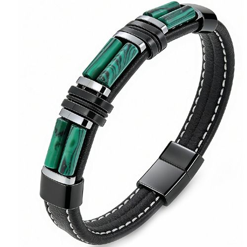 ***COI Titanium Black Silver Green Malachite/Tiger Eye Genuine Leather Bracelet With Steel Clasp(Length: 8.27 inches)-01951A