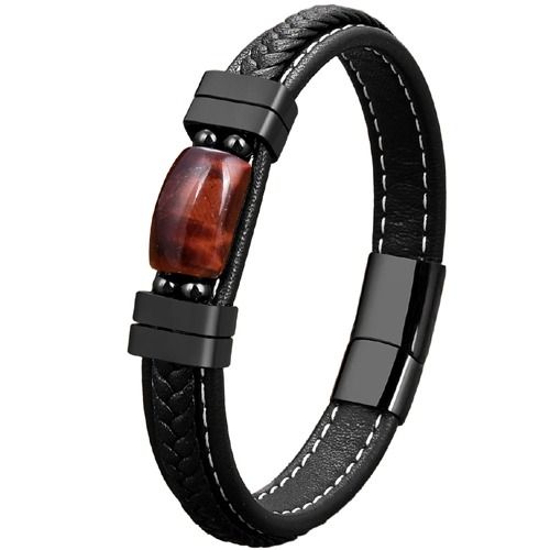***COI Black Titanium Red Tiger Eye Genuine Leather Bracelet With Steel Clasp(Length: 9.07 inches)-01952A