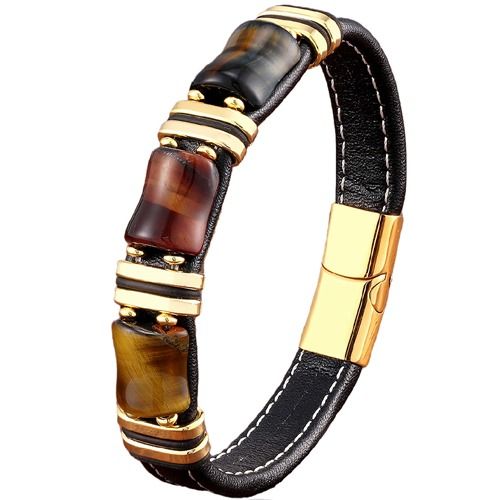 ***COI Gold Tone Titanium Tiger Eye Genuine Leather Bracelet With Steel Clasp(Length: 8.27 inches)-01956A