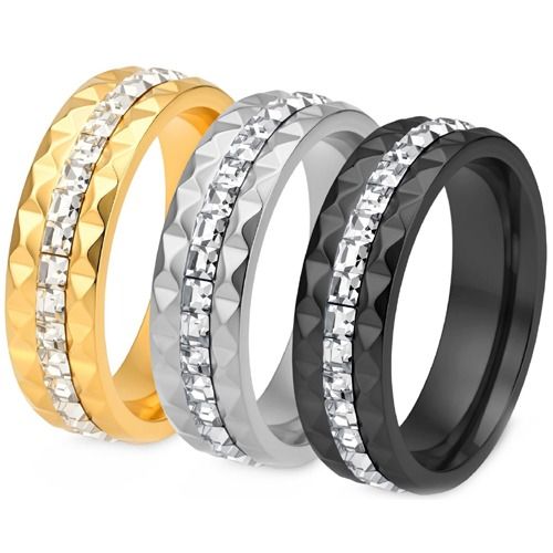***COI Titanium Black/Gold Tone/Silver Faceted Ring With Cubic Zirconia-01961A
