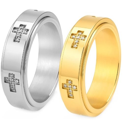 ***COI Titanium Gold Tone/Silver Cross Ring With Cubic Zirconia-01963A
