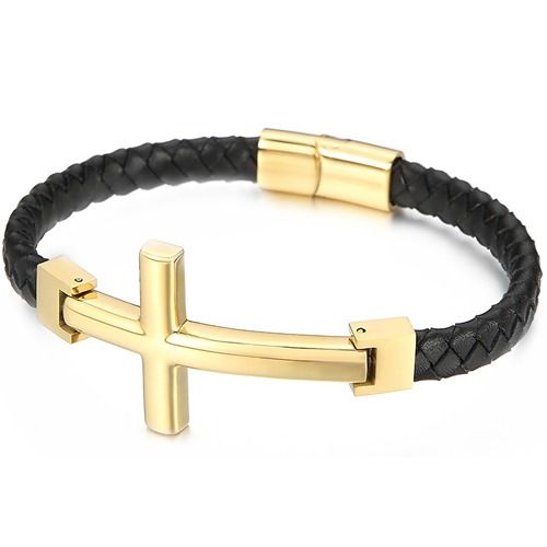 ***COI Titanium Black/Gold Tone/Silver Cross Genuine Leather Bracelet With Steel Clasp(Length: 8.66 inches)-01977A