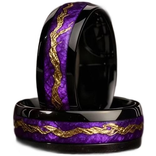 ***COI Black Titanium Purple Meteorite & Gold Foil Dome Court Ring-01984A