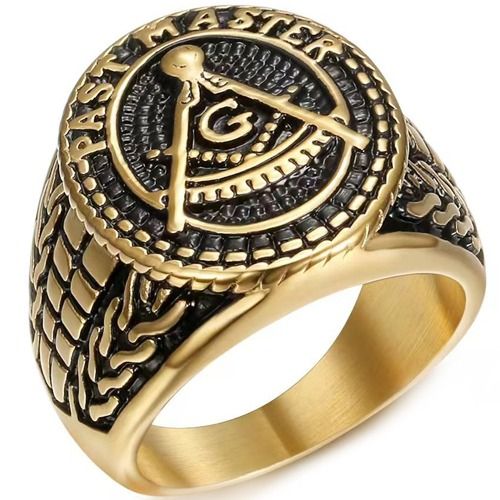 ***COI Titanium Black Gold Tone Masonic Freemason Ring-01986A