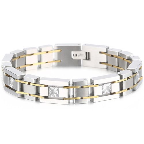 ***COI Titanium Black Silver/Gold Tone Silver/Gold Tone Cubic Zirconia Bracelet With Steel Clasp(Length: 8.27 inches)-01990A