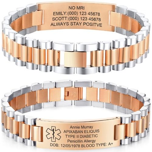 ***COI Titanium Rose Silver Medical Alert Custom Engraving Bracelet With Steel Clasp(Length: 8.27 inches)-01998A