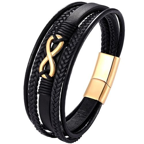 ***COI Titanium Black/Blue/Gold Tone/Silver Infinity Genuine Leather Bracelet With Steel Clasp(Length: 8.27 inches)-02000A