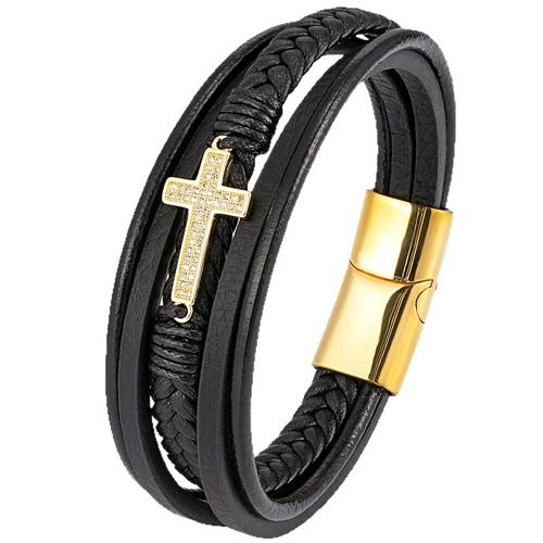 ***COI Titanium Gold Tone/Silver Cross Cubic Zirconia Genuine Leather Bracelet With Steel Clasp(Length: 8.27 inches)-02001A