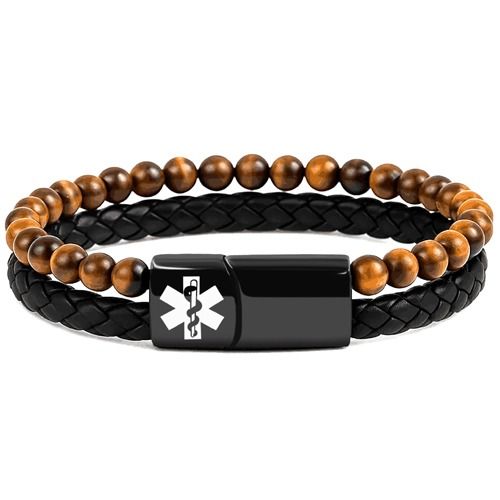 ***COI Black Titanium Tiger Eye Medical Alert Genuine Leather Bracelet With Steel Clasp(Length: 8.27 inches)-02006A