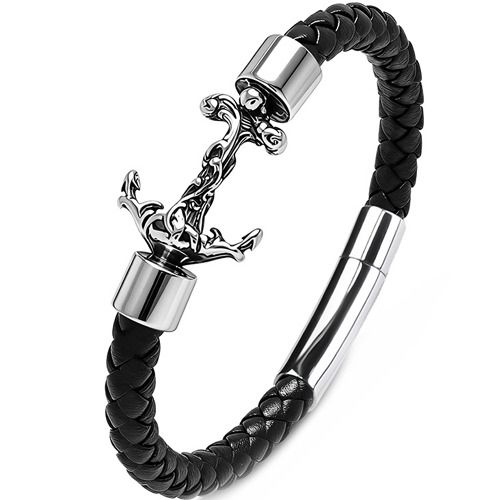 ***COI Titanium Anchor Genuine Leather Bracelet With Steel Clasp(Length: 8.27 inches)-02007A