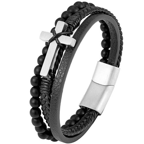 ***COI Titanium Gold Tone/Silver Cross Genuine Leather Bracelet With Steel Clasp(Length: 9.05 inches)-02009A