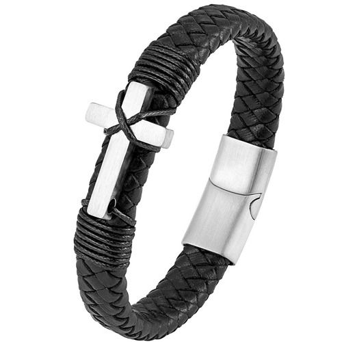 ***COI Titanium Gold Tone/Silver Cross Genuine Leather Bracelet With Steel Clasp(Length: 8.27 inches)-02010A