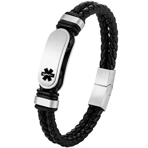 ***COI Titanium Black/Gold Tone/Silver Medical Alert Genuine Leather Bracelet With Steel Clasp(Length: 8.27 inches)-02022A