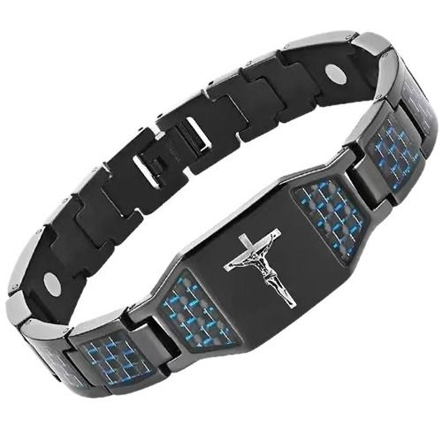 ****COI Black Titanium Carbon Fiber Cross Bracelet With Steel Clasp(Length: 8.27 inches)-02037A