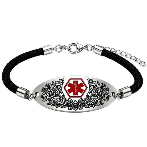 ****COI Titanium Black Silver Medical Alert Genuine Leather Bracelet With Steel Clasp(Length: 8.27 inches)-02042A