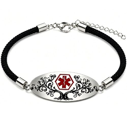 ****COI Titanium Black Silver Medical Alert Genuine Leather Bracelet With Steel Clasp(Length: 8.27 inches)-02043A