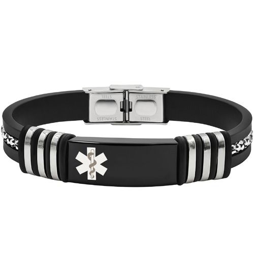 ****COI Titanium Black Silver Medical Alert Genuine Leather Bracelet With Steel Clasp(Length: 8.27 inches)-02044A