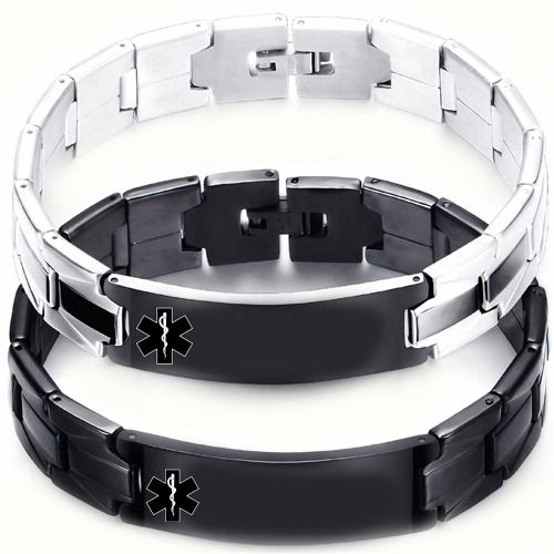 ****COI Titanium Black Silver/Black Medical Alert Bracelet With Steel Clasp(Length: 7.87 inches)-02045A