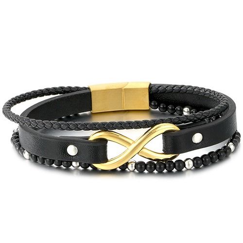 ****COI Titanium Black/Gold Tone/Silver Infinity Genuine Leather Bracelet With Steel Clasp(Length: 8.27 inches)-02057A