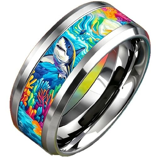 ****COI Titanium Shark Sea & Carol Beveled Edges Ring-02062A
