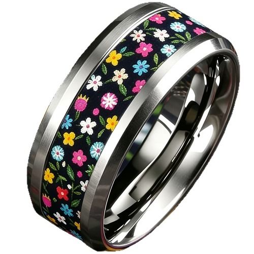 ****COI Titanium Black Rainbow Floral Beveled Edges Ring-02063A
