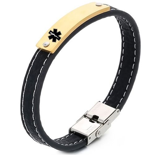 ****COI Titanium Black/Gold Tone/Silver Medical Alert Genuine Leather Bracelet With Steel Clasp(Length: 8.27 inches)-02077A