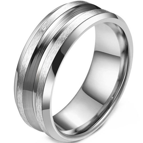 ****COI Titanium Black Silver/Silver Center Groove Beveled Edges Ring-02085A