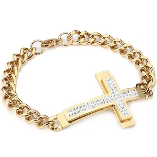 ****COI Titanium Gold Tone/Silver Cross Cubic Zirconia Bracelet With Steel Clasp(Length: 8.27 inches)-02114A