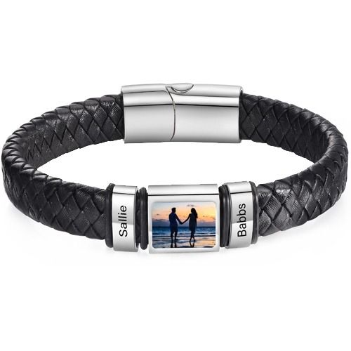 ****COI Titanium Black Silver Custom Photo & Engraving Genuine Leather Bracelet With Steel Clasp(Length: 8.27 inches)-02116A