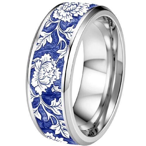****COI Titanium Black/Silver Floral & Leaves Beveled Edges Ring-02122A