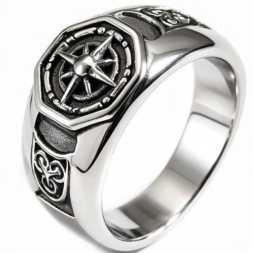****COI Titanium Black Silver Compass & Celtic Ring-02134AA