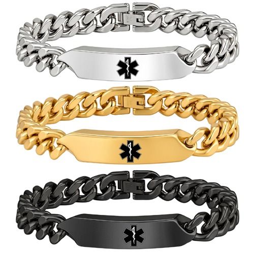 ****COI Titanium Black/Gold Tone/Silver Medical Alert Bracelet With Steel Clasp(Length: 8.27 inches)-02149A