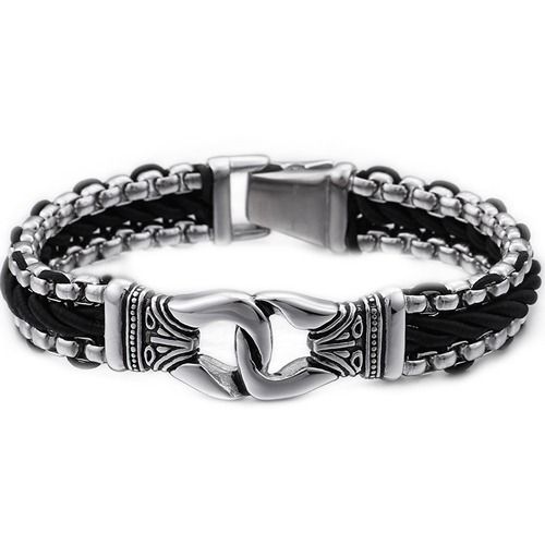 ****COI Titanium Black Silver Genuine Leather Bracelet With Steel Clasp(Length: 8.66 inches)-02155A
