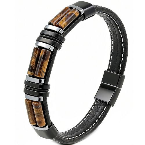 ****COI Titanium Black Silver Tiger Eye/Green Malachite Genuine Leather Bracelet With Steel Clasp(Length: 9.06 inches)-02158A